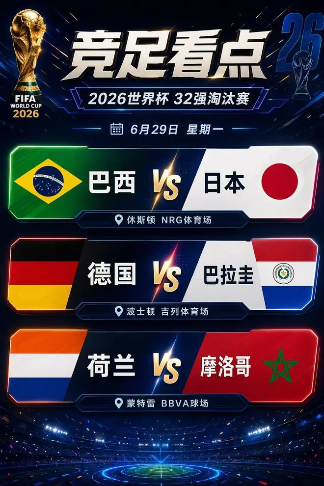 世界杯32强淘汰赛今日三场前瞻：三场硬仗三组关键对位