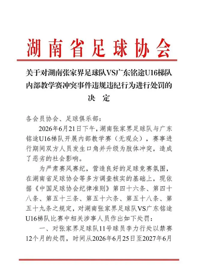 湖南省足协：对张家界队打人球员禁赛12个月，教练等6人禁赛6个月