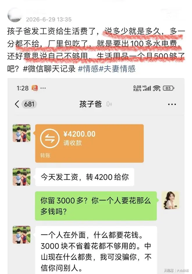 悲哀!带4孩留守女子痛斥,打工丈夫发工资转4200,自己留3000多