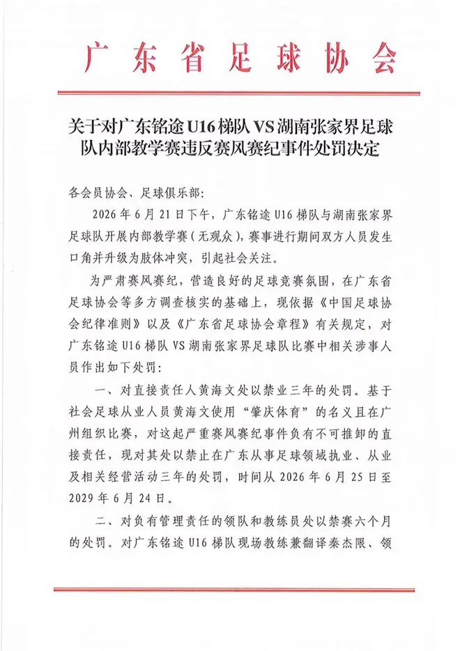 14岁小球员遭张家界足球队殴打，广东足协、湖南足协公布处罚决定