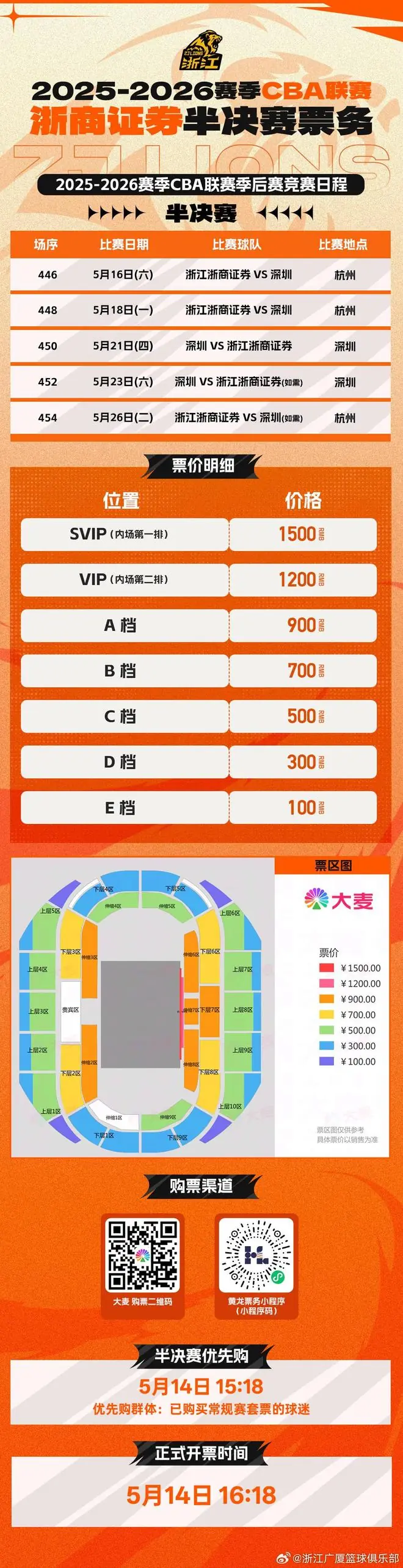 广厦半决赛主场vs深圳票价：最低100元，最高1500元