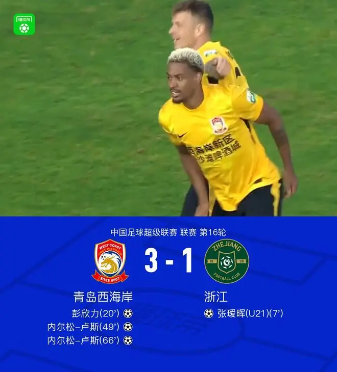 西海岸3-1逆转浙江连续13场不败，内尔松双响+中框，彭欣力传射