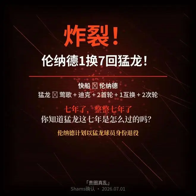 炸裂！伦纳德1换7回猛龙！2年1.26亿终老退役！
