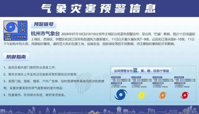 杭州发布主城区台风蓝色预警!凌晨起上城区、西湖区、拱墅区和滨江区所有街道风力逐渐增大,白天最大偏东风7~9级