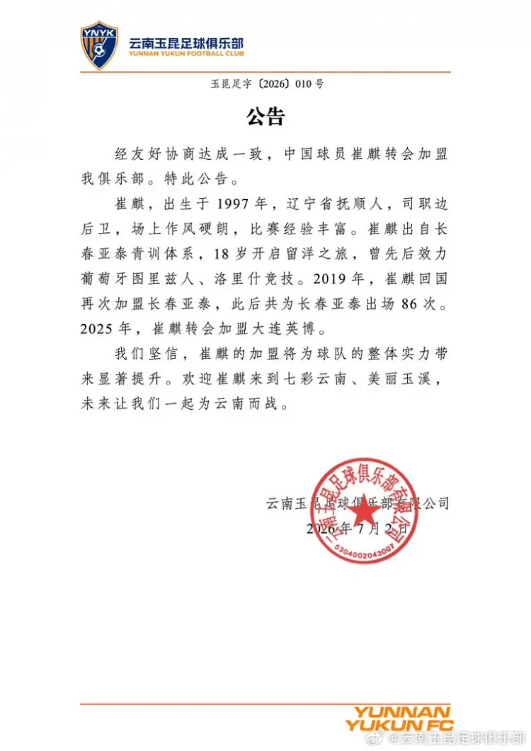 曾留洋葡萄牙!官方:崔麒加盟云南玉昆,此前效力亚泰、英博