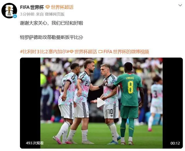 世界杯官方回应比利时“内讧”:谢谢大家关心,我们已经和好啦;此前2球员在赛场争吵,20分钟后深情相拥