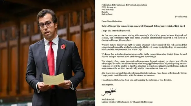 英议员致信FIFA请求给夸安萨缓刑:红牌判罚正确,但缓刑才是公平