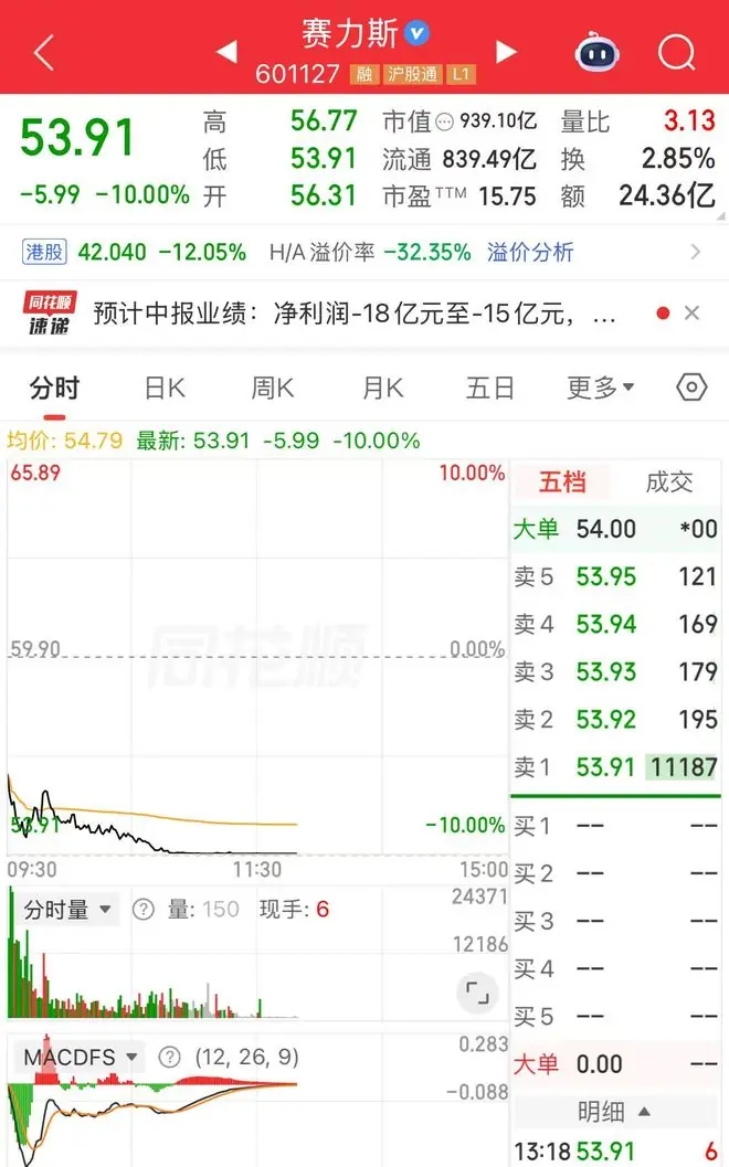 市值跌破千亿元！赛力斯，跌停