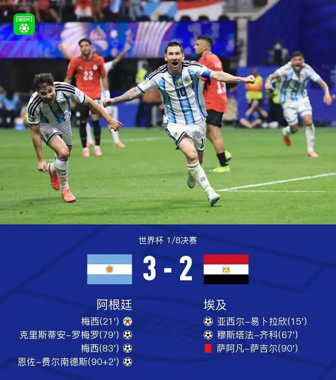 让二追三！阿根廷3-2埃及晋级8强，梅西传射+失点，恩佐补时绝杀