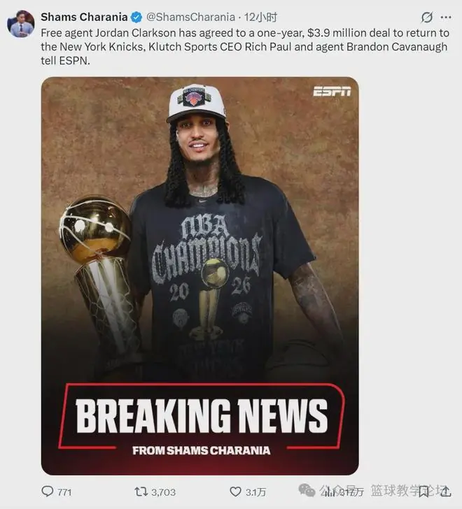 1年390万！正式签约！NBA最佳第六人重返尼克斯