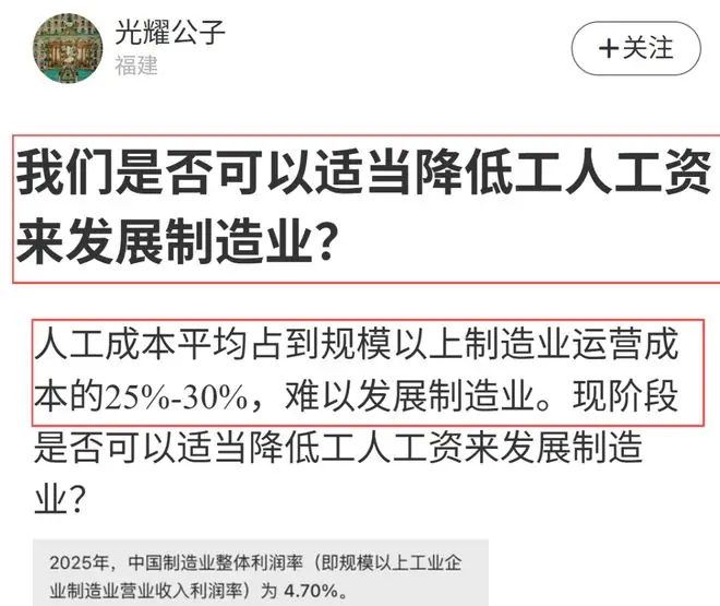 当前制造业整体利润率偏低，网友建议：适当降低工人工资！