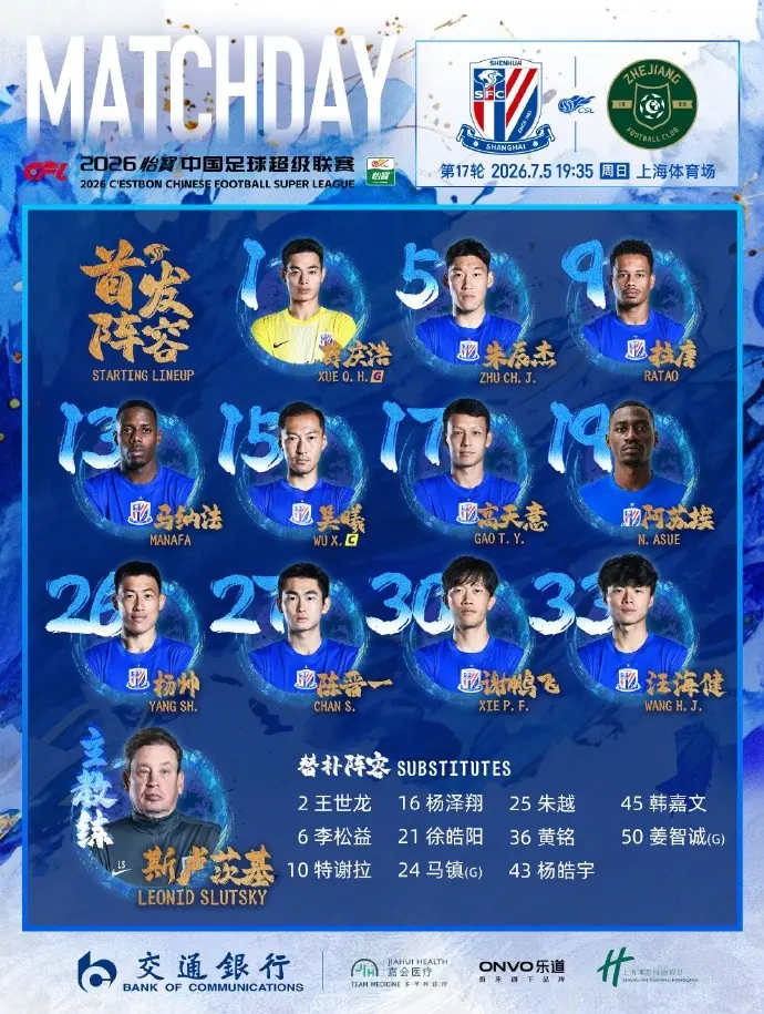 2026怡宝中超联赛第17轮 上海申花VS浙江俱乐部 首发名单 