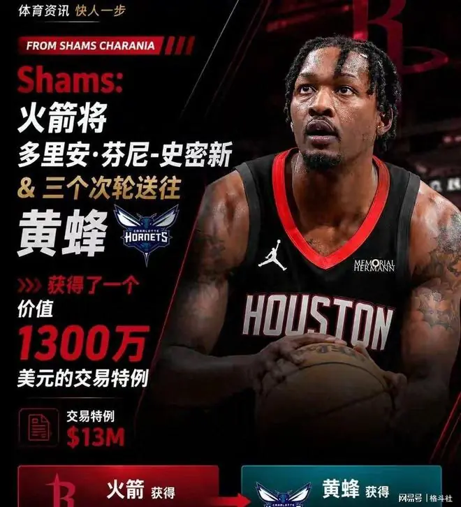 火箭送走芬尼·史密斯创1300万特例可引援两人