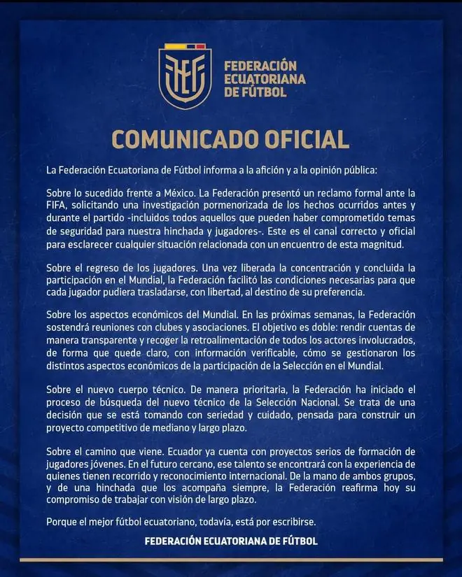 厄瓜多尔足协：已向FIFA正式申诉，要求调查对墨西哥赛前争议事件