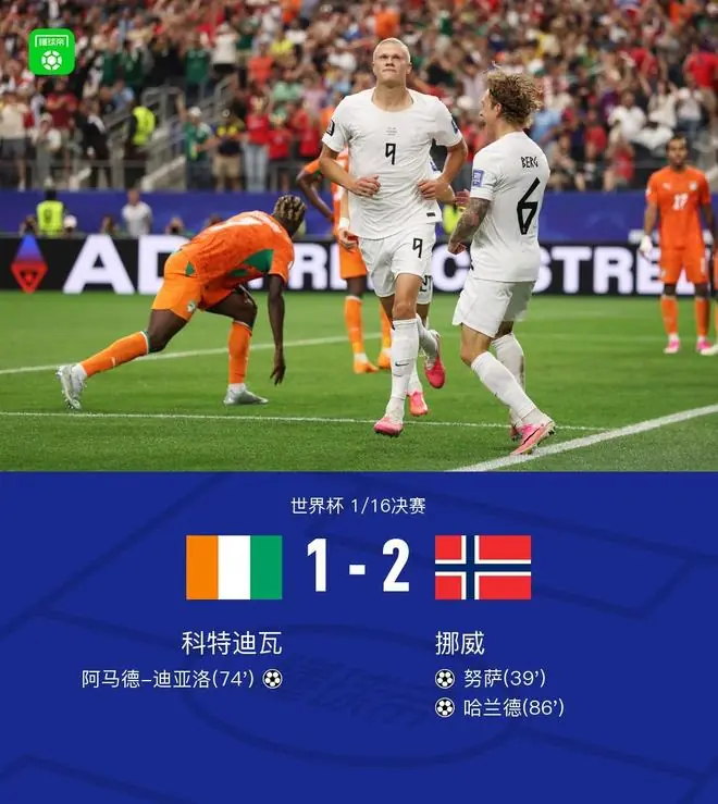 挪威2-1科特迪瓦晋级16强，哈兰德绝杀，阿马德破门难救主